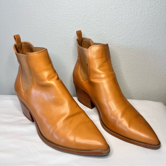 Tan Pointed Toe Chelsea Ankle Boots Faux Leather Block Heel Booties Size 9 - Picture 6 of 13